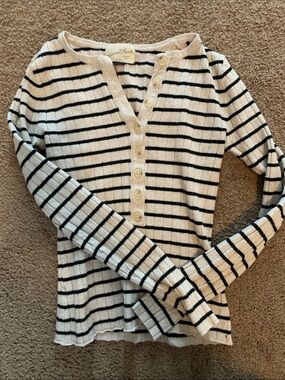 Universal Thread Cream and Black Striped Henley Long Sleeve Top